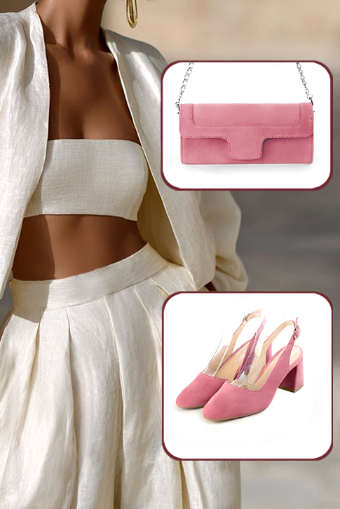 Dress slingback heels in carnation pink leather with medium flare heels and round toe - Worn view